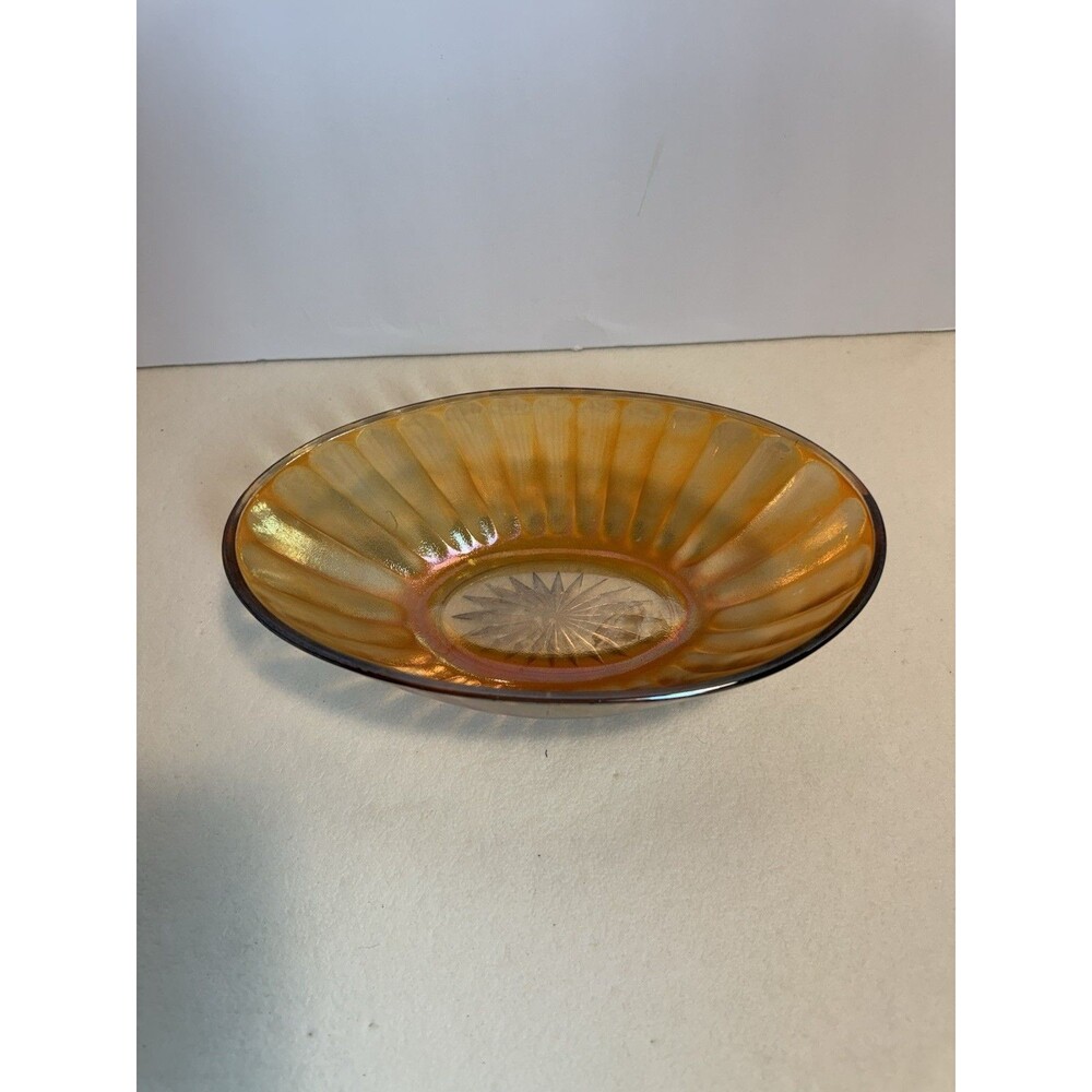 Vintage Amber Carnival Glass Bowl Ribbed Fluted Iridescent Sunburst Base 8.5”